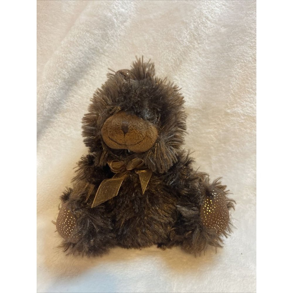 Plush brown rabbit with gold shimmer and bow small approx 8” - Picture 1 of 6